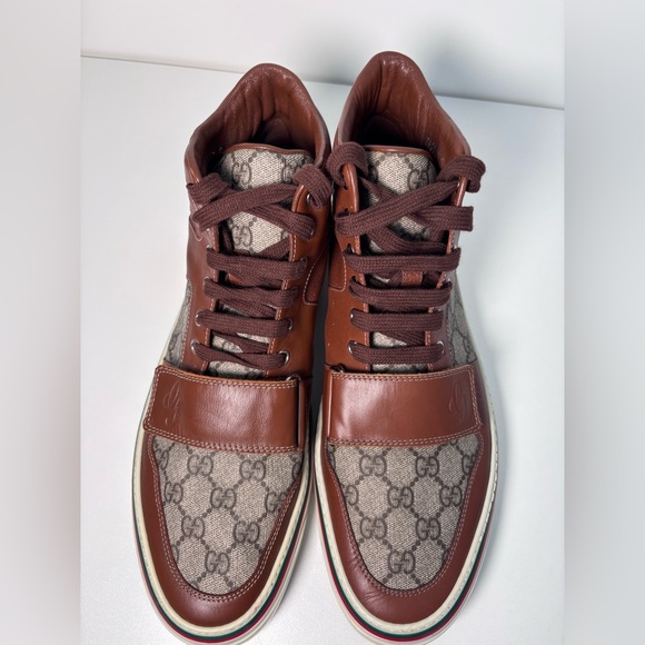 GUCCI Monogram Canvas Web GG Brown Leather High Top Men’s Sneaker Strap Size 12 - Picture 12 of 17